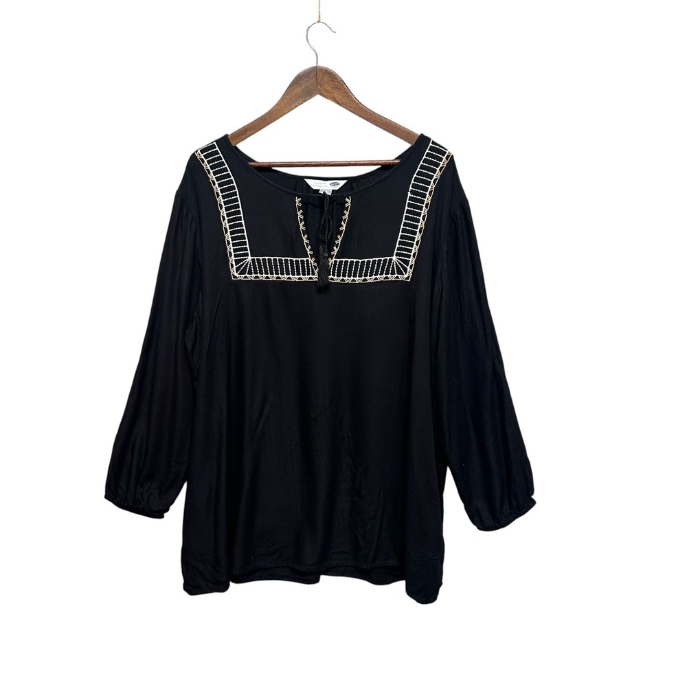 Old Navy Women Embroidered Top Size XXL Black Long Sleeve Peasant Pullover Tunic